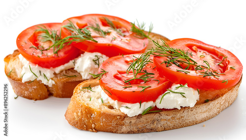 Delicious ricotta bruschettas with sliced tomatoes and dill isolated on white