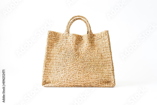Woven Straw Tote Bag Isolated on White Background