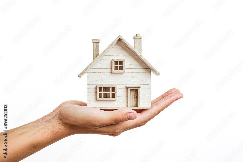 Hand Holding Miniature Wooden House Model Hand Holding Miniature Wooden House Model