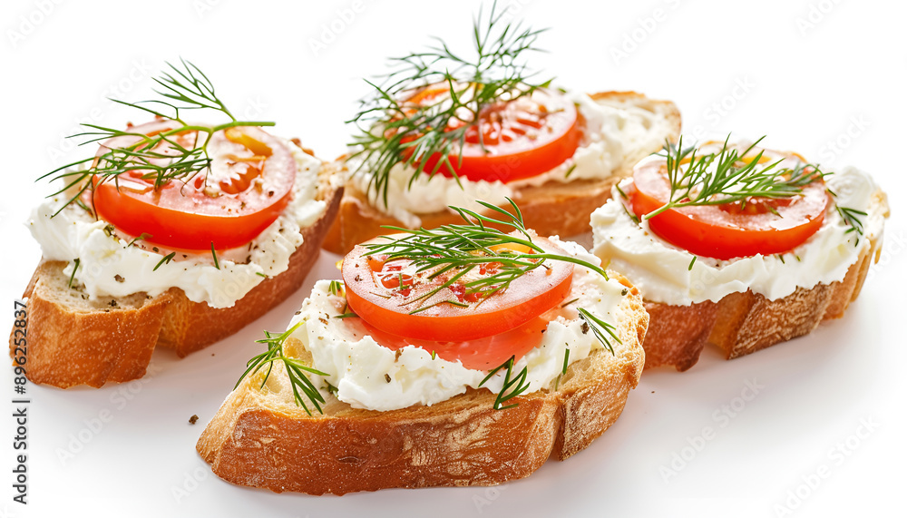 Delicious ricotta bruschettas with sliced tomatoes and dill isolated on white Delicious ricotta bruschettas with sliced tomatoes and dill isolated on white