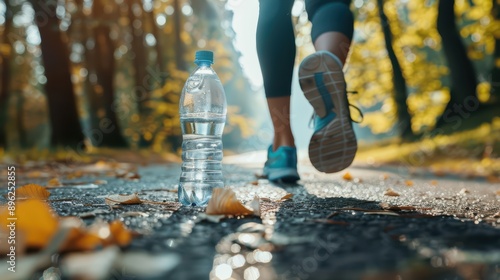 A captivating photograph of a person jogging with a water bottle photo