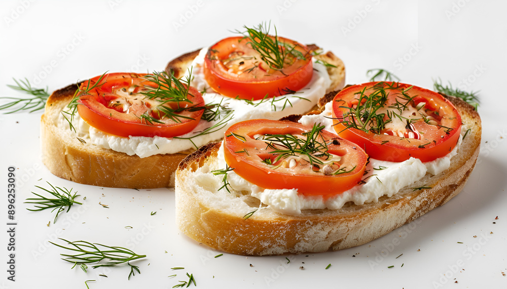 Delicious ricotta bruschettas with sliced tomatoes and dill isolated on white Delicious ricotta bruschettas with sliced tomatoes and dill isolated on white