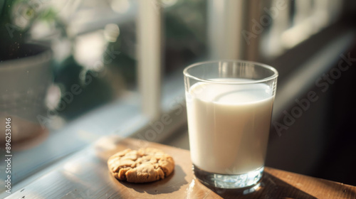 Glass of milk and cookie on sunny windowsill, cozy home setting. Comfort and simplicity concept