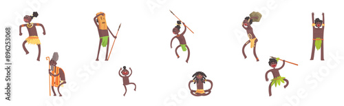 Barefoot African Aboriginal People Character Dressed in Traditional Tribal Clothing Vector Set