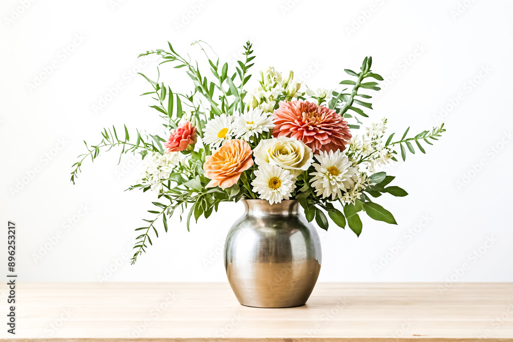 Flower Arrangement in a Silver Vase on a Wooden Table Flower Arrangement in a Silver Vase on a Wooden Table
