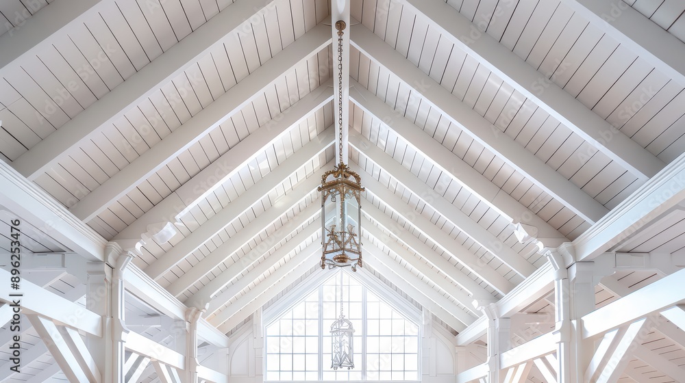 Obraz premium A cathedral ceiling with white-painted wooden beams and a large hanging lantern