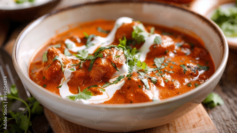 A bowl of creamy butter chicken, garnished with a swirl of cream and fresh coriander. A bowl of creamy butter chicken, garnished with a swirl of cream and fresh coriander.