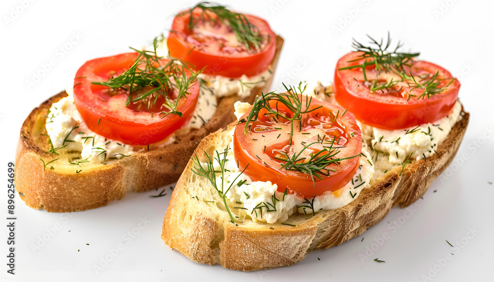 Delicious ricotta bruschettas with sliced tomatoes and dill isolated on white Delicious ricotta bruschettas with sliced tomatoes and dill isolated on white