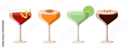 Set of glamour cocktails. Modern cocktails collection isolated on white background. Vector illustration of porn star martini, espresso martini, manhattan, gimlet