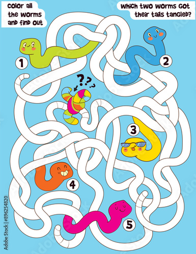 Children logic game to pass the maze. Color all the worms and find out which two worms got their tails tangled. Educational game for kids. Choose right path. Funny cartoon character. Worksheet page