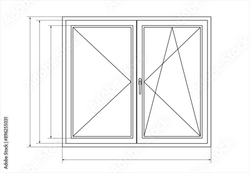 Vector drawing of plastic window with glass with dimensional lines. Construction engineering template. Technical project on white sheet of paper. Architectural design of building fragment.