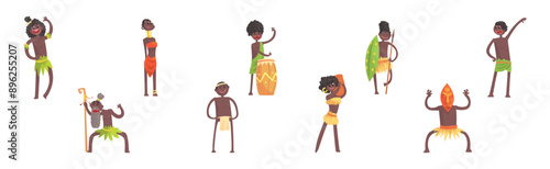 Barefoot African Aboriginal People Character Dressed in Traditional Tribal Clothing Vector Set