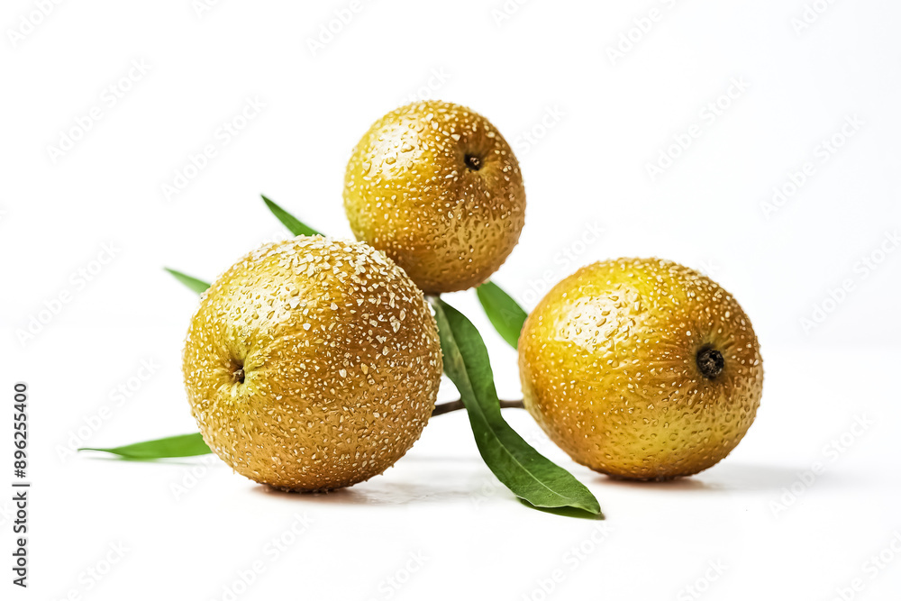 Fototapeta premium Close-up of Three Golden Apples with Dew Drops on a White Background