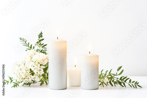 Three White Candles with Greenery on a White Surface