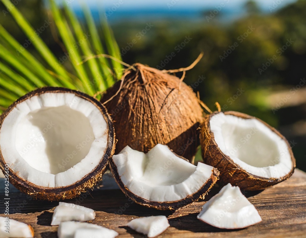 Fresh opened coconuts along with coconut slices, flakes and coconut leaves on a wooden table Fresh opened coconuts along with coconut slices, flakes and coconut leaves on a wooden table