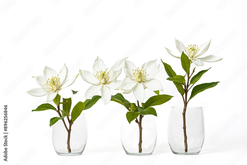 Three White Flowers in Glass Vases