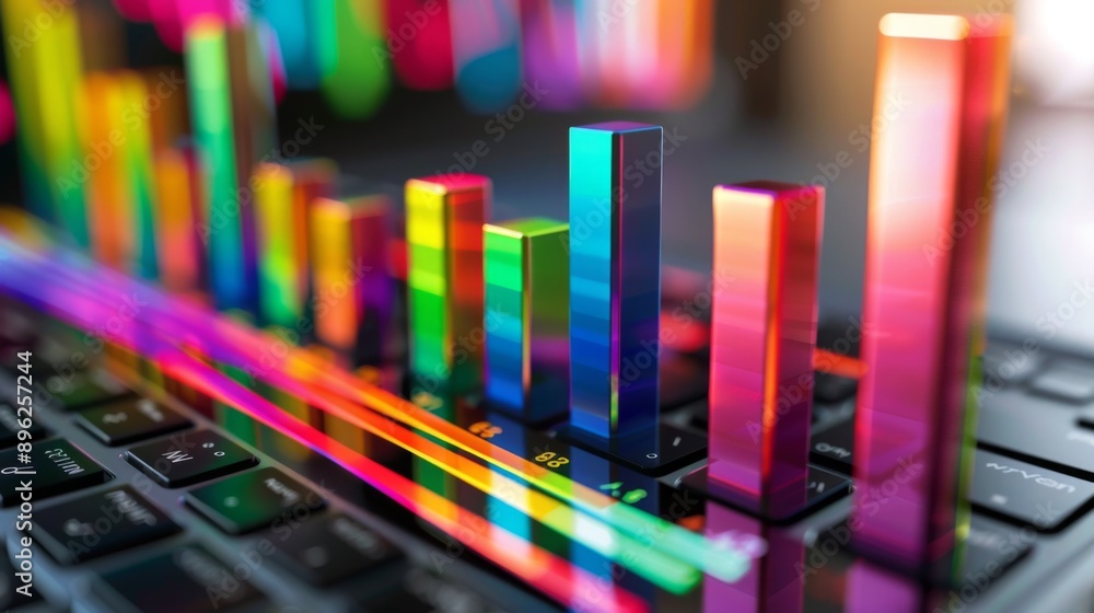 A colorful 3D bar graph displayed on a laptop, indicating quarterly sales performance. A colorful 3D bar graph displayed on a laptop, indicating quarterly sales performance.