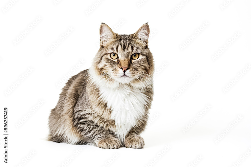 Obraz premium Fluffy Tabby Cat Sitting on White Background