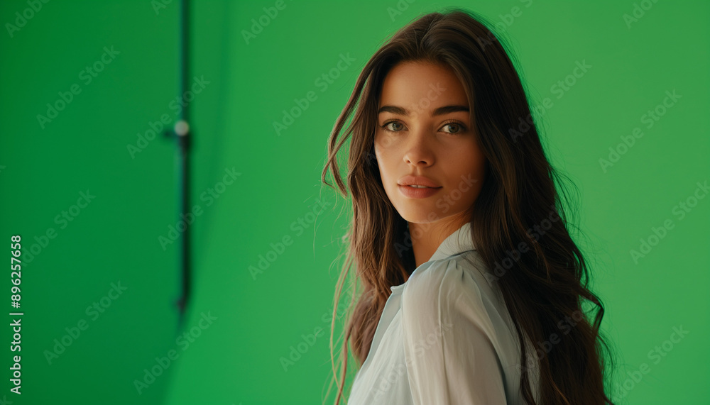 Fototapeta premium Mulher brasileira bonita de 30 anos com cabelo longo e penteado, fundo chroma key, cinematográfico, mostrando os braços IA Generativa
