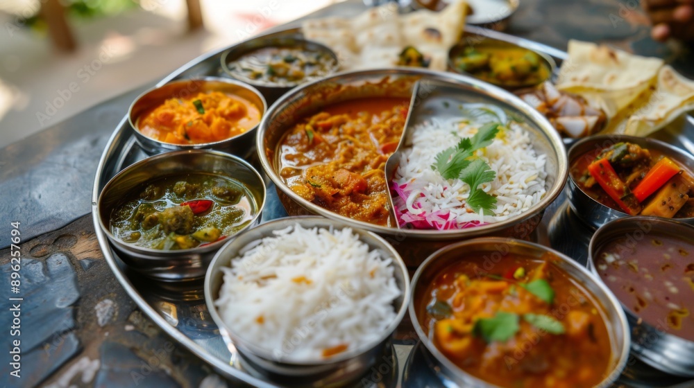 A colorful thali with a variety of curries, rice, chapati, and pickles, showcasing traditional Indian cuisine. A colorful thali with a variety of curries, rice, chapati, and pickles, showcasing traditional Indian cuisine.