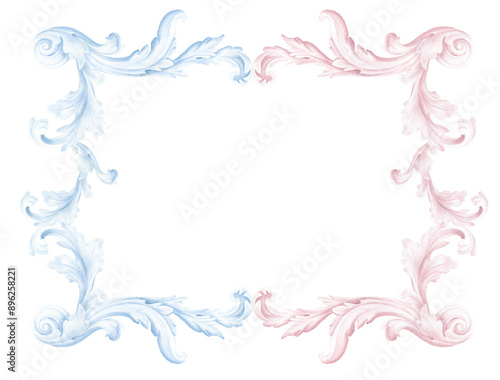 Konstfotografi Gender party frame, watercolor ornate border png, transparent, isolated, pink an