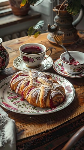 Runeberg cake in the cut, traditional Finnish pastry Runeberg torte (Runebergin torttu) a slate board, close-up. AI generated illustration photo