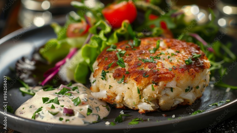 A delicious crab cake on a plate with a dollop of remoulade sauce and a side of fresh salad. A delicious crab cake on a plate with a dollop of remoulade sauce and a side of fresh salad.