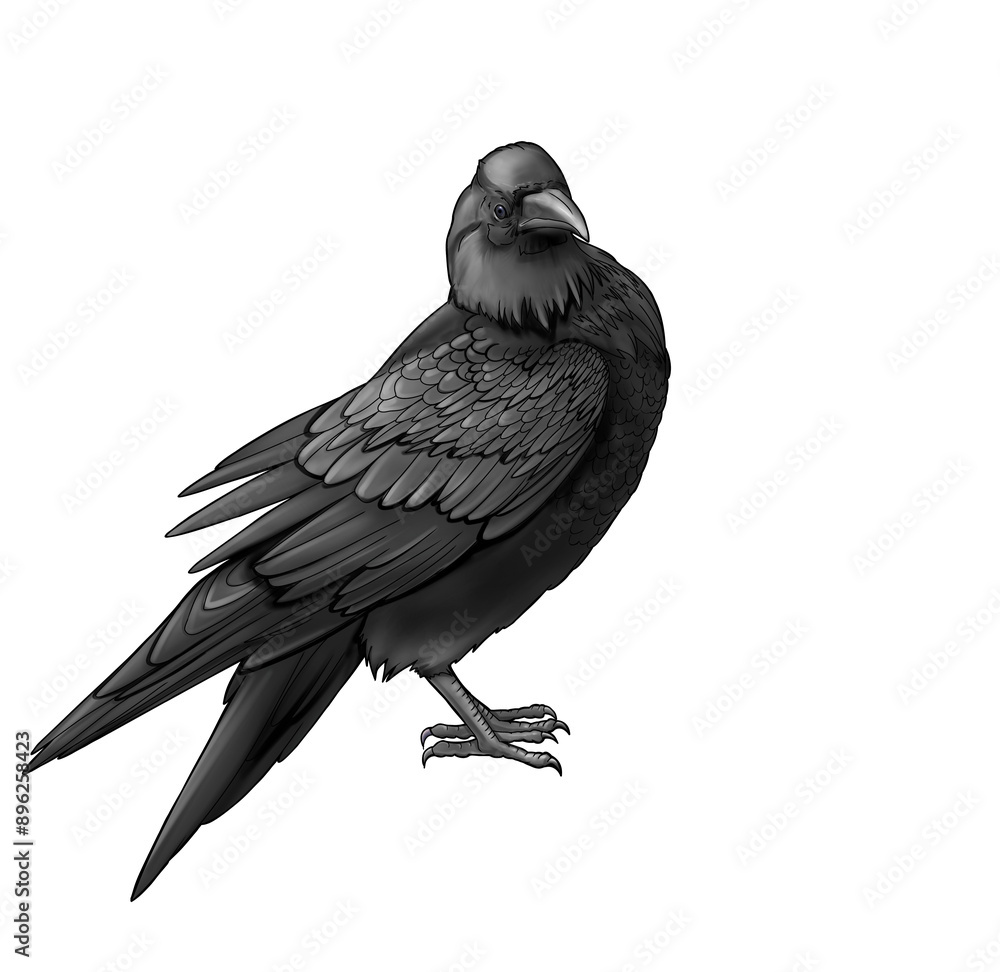 Fototapeta premium Set Realistic Line art raven black crow animal illustration coloring book clip art design holographic feather outline drawing contour sketch Halloween bird design albino mammal wild nature hand drawn