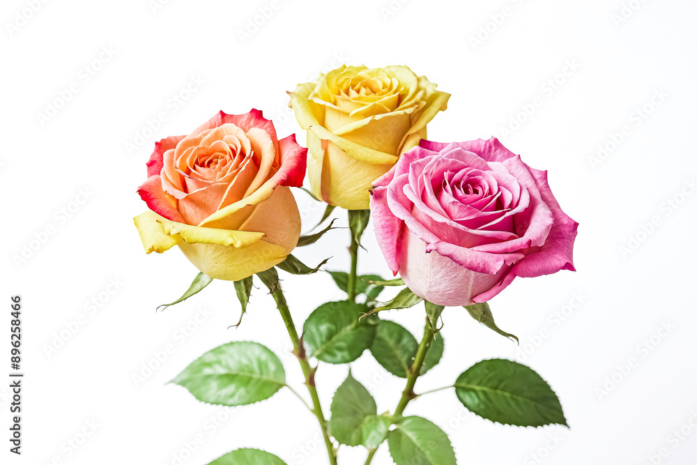 Three Colorful Roses On White Background Three Colorful Roses On White Background