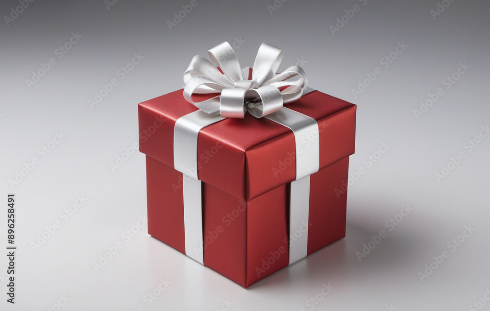 red gift box with white ribbon on a wooden table. party gift box. Ai generated