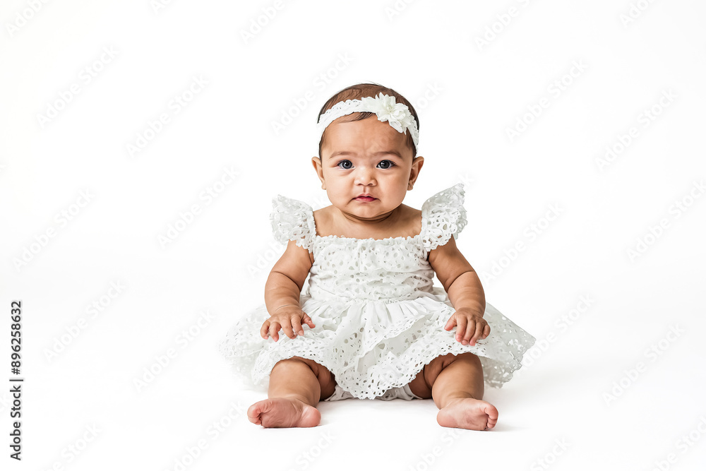 Adorable Baby Girl in White Dress Sitting on White Background Adorable Baby Girl in White Dress Sitting on White Background