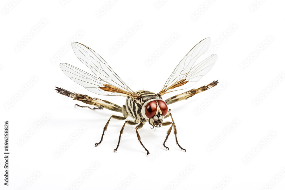 Closeup of a Fly with Red Eyes on a White Background Closeup of a Fly with Red Eyes on a White Background