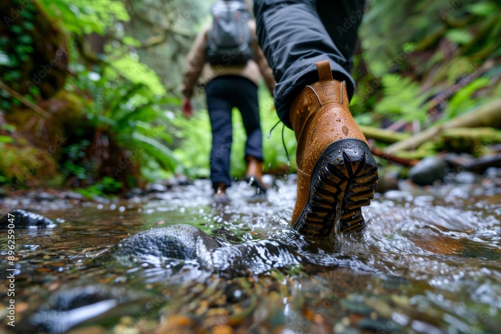 Trekking through a forest stream, hikers' boots making a splash Trekking through a forest stream, hikers' boots making a splash