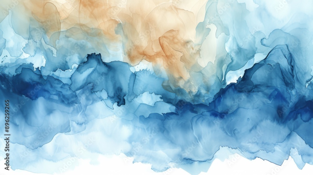 Watercolor painting with fluid blue and brown hues blending together Watercolor painting with fluid blue and brown hues blending together
