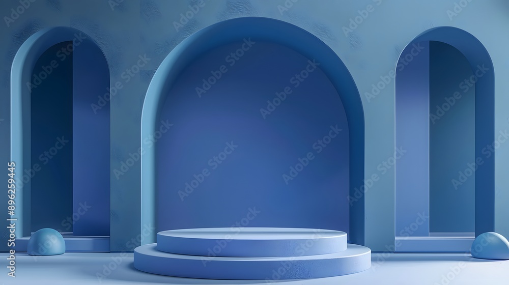 Minimalist blue archway backdrop with podium for product display. Minimalist blue archway backdrop with podium for product display.