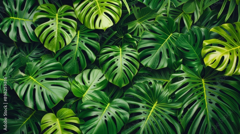 Design a pattern with overlapping green tropical leaves Design a pattern with overlapping green tropical leaves