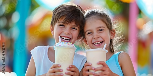 Two kids, brother and sister smiling happily in the amusement park, enjoying milkshake drinks