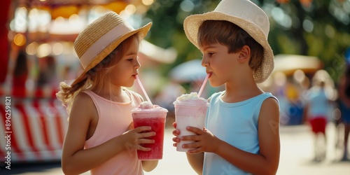 Two kids, boy and a girl drink milkshakes in the park, smiling happily
