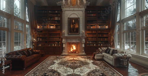Wallpaper Mural Great hall, library, fireplace. Generative AI. Torontodigital.ca
