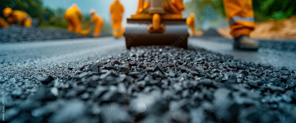 An Asphalt Paver Laying New Bitumen Asphalt On Top Of A Gravel Base During Construction, Symbolizing Smoothness And Progress An Asphalt Paver Laying New Bitumen Asphalt On Top Of A Gravel Base During Construction, Symbolizing Smoothness And Progress