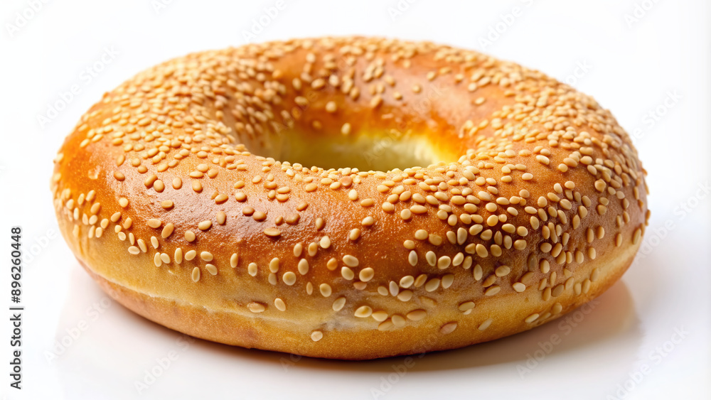 A solitary, chewy, rounded bagel adorned with sesame seeds sits isolated on a pristine white background, evoking a warm and inviting breakfast atmosphere. A solitary, chewy, rounded bagel adorned with sesame seeds sits isolated on a pristine white background, evoking a warm and inviting breakfast atmosphere.