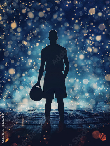 Basketball player dribbling on wet court at night