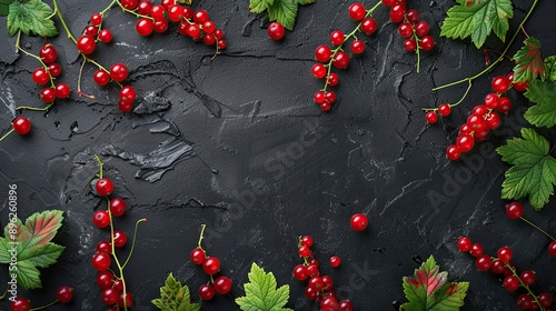 A dark background with red currants and green leaves scattered across the surface. © Pro