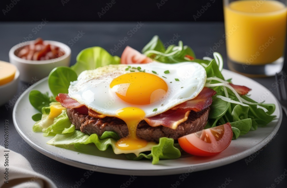 A delicious and hearty breakfast dish featuring a perfectly cooked sunny-side-up egg with a runny yolk, crispy bacon, and a savory sausage patty. A delicious and hearty breakfast dish featuring a perfectly cooked sunny-side-up egg with a runny yolk, crispy bacon, and a savory sausage patty.