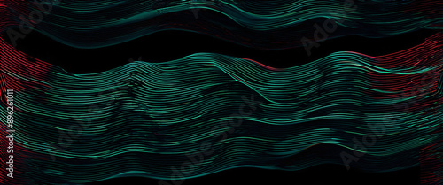 Abstract turquoise and red wave pattern swooshing across the frame