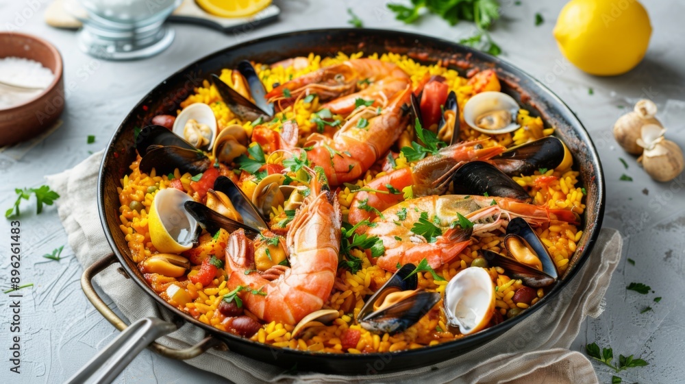 A fresh seafood paella in a large pan, loaded with shrimp, mussels, clams, and saffron rice. A fresh seafood paella in a large pan, loaded with shrimp, mussels, clams, and saffron rice.