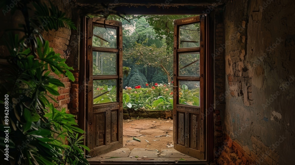 Enchanting view through a picturesque and captivating doorway portrayed in a lifelike photograph Enchanting view through a picturesque and captivating doorway portrayed in a lifelike photograph