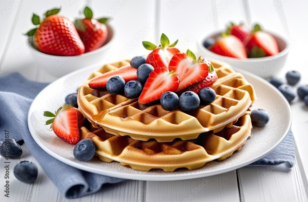 a plate of freshly made waffles topped with succulent strawberries and blueberries, drizzled with syrup. a plate of freshly made waffles topped with succulent strawberries and blueberries, drizzled with syrup.