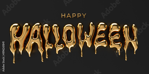 Luxury Happy Halloween greeting card. Dripping molten gold font on black background. Golden inscription with liquid effect. 3d render. Bold Halloween lettering with golden metallic surface