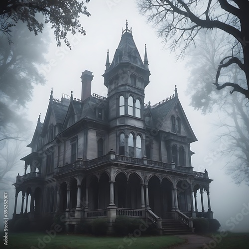 A haunted, gothic mansion shrouded in mist.